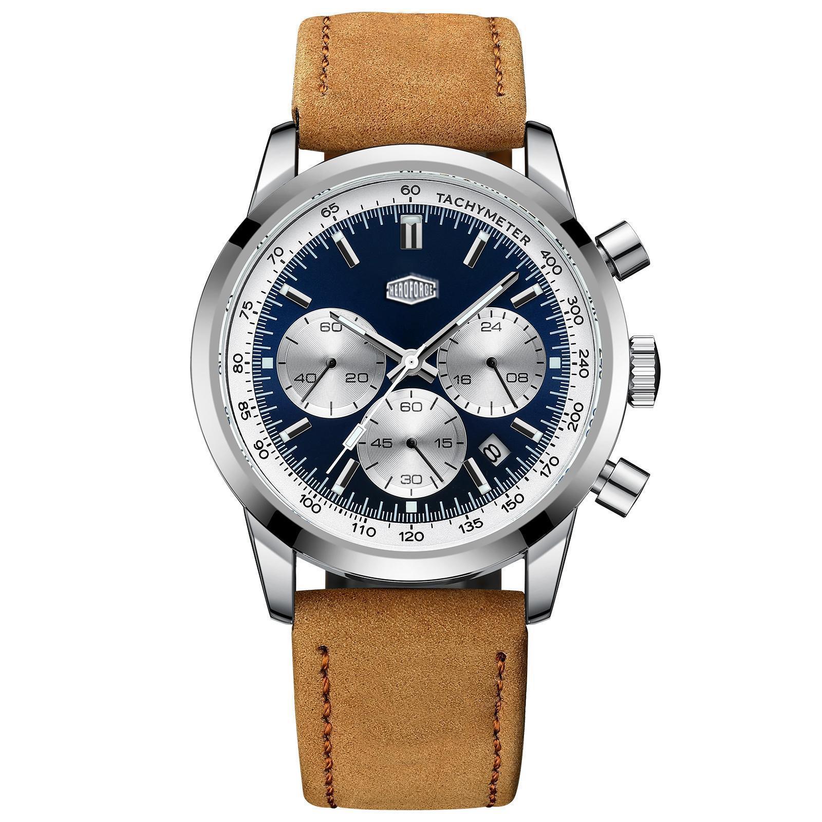 Leather Watch Band Men - HEROFORCE Classic Silver Blue Chronograph Watch